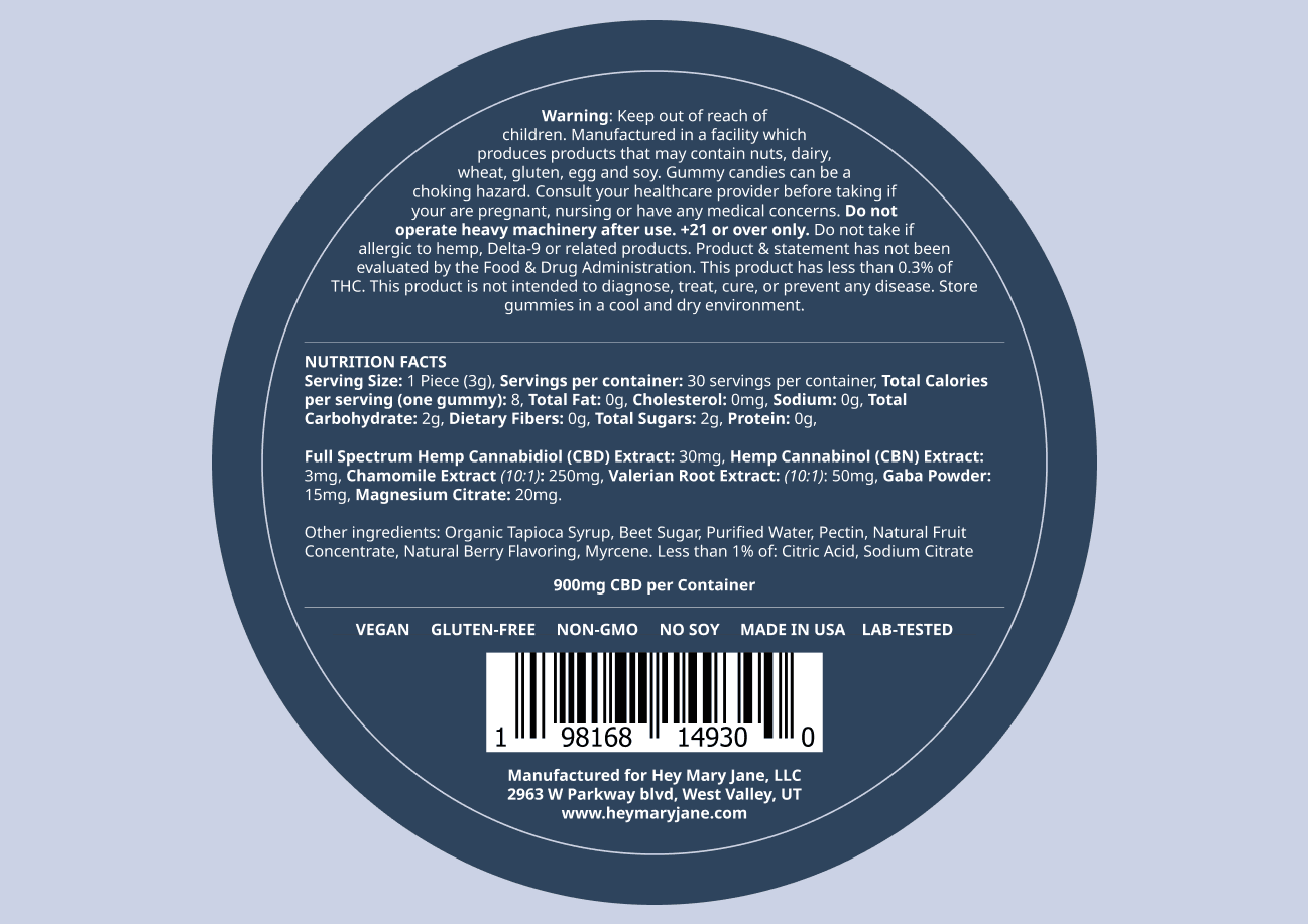 Product label with detailed nutrition facts, ingredients, and safety information for Hey Mary Jane gummies, emphasizing transparency and clearly communicated formulation
