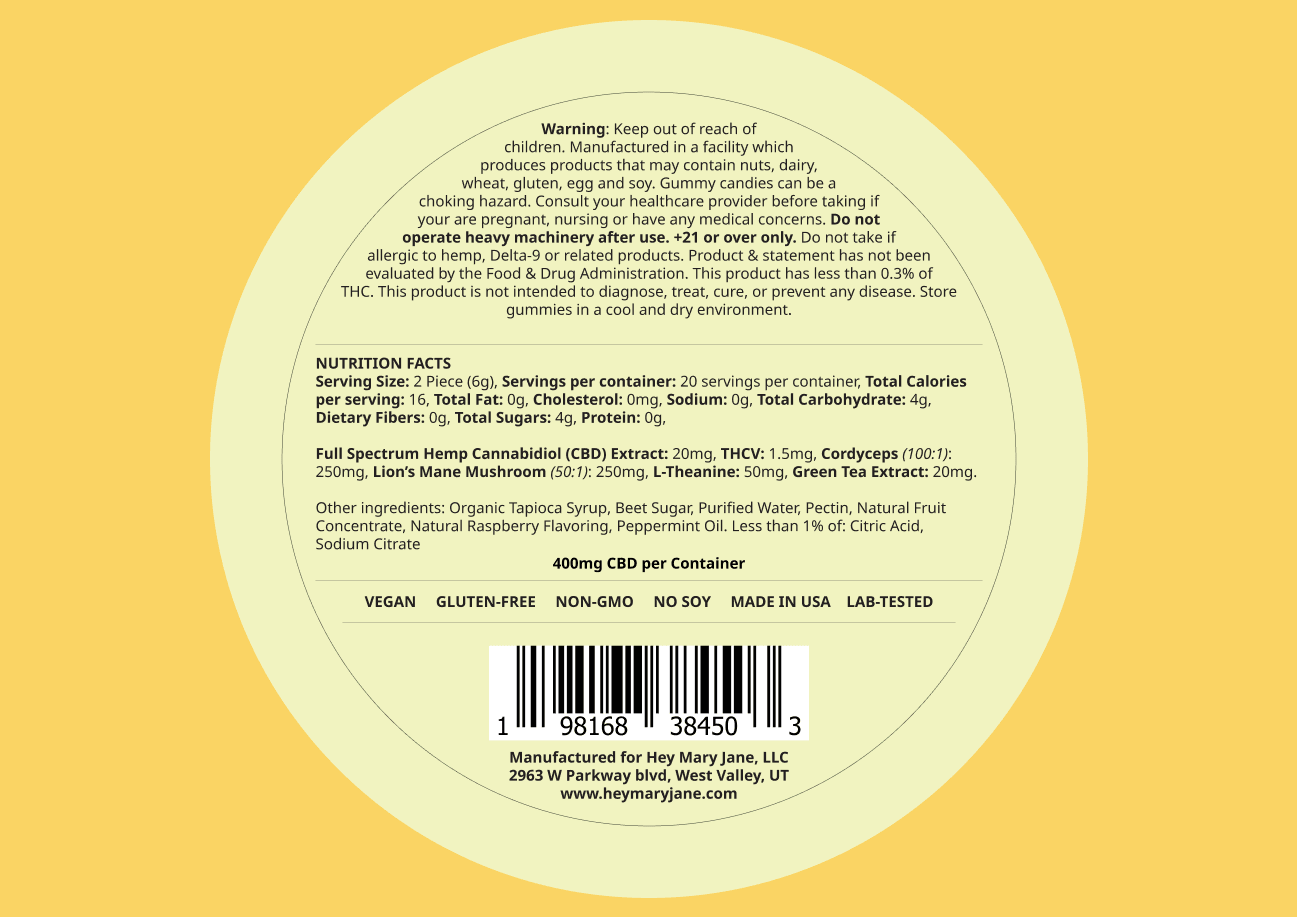 Product label displaying nutrition facts, ingredients, and safety information for Hey Mary Jane gummies, highlighting transparency and clearly listed contents
