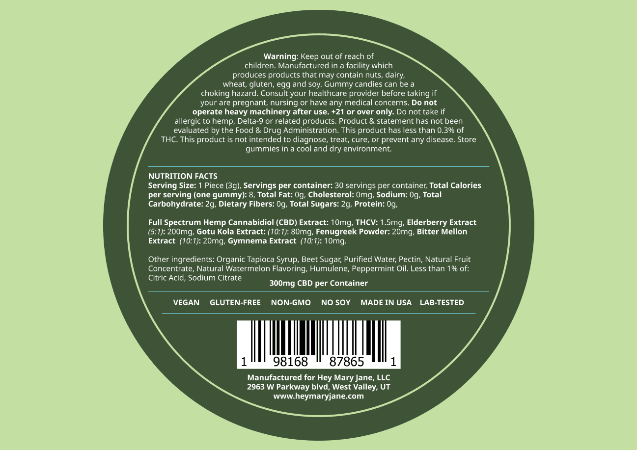 Product label showing nutrition facts, ingredients, and safety information for Hey Mary Jane gummies, emphasizing transparency, quality, and informed choices.