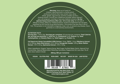 Product label showing nutrition facts, ingredients, and safety information for Hey Mary Jane gummies, emphasizing transparency, quality, and informed choices.