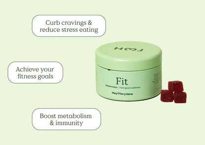 Hey Mary Jane Fit gummies container with a few gummies beside it, highlighting support for managing cravings, staying on track with fitness goals, and feeling balanced day to day