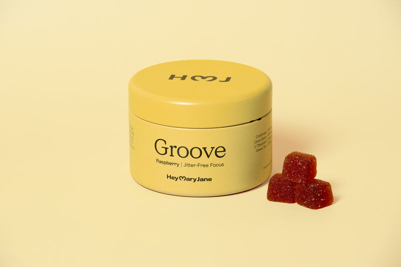 Groove gummies by Hey Mary Jane, formulated with CBD, THCV, THC, Lion's Mane, Cordyceps, L-Theanine, and green tea extract