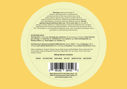 Product label displaying nutrition facts, ingredients, and safety information for Hey Mary Jane gummies, highlighting transparency and clearly listed contents