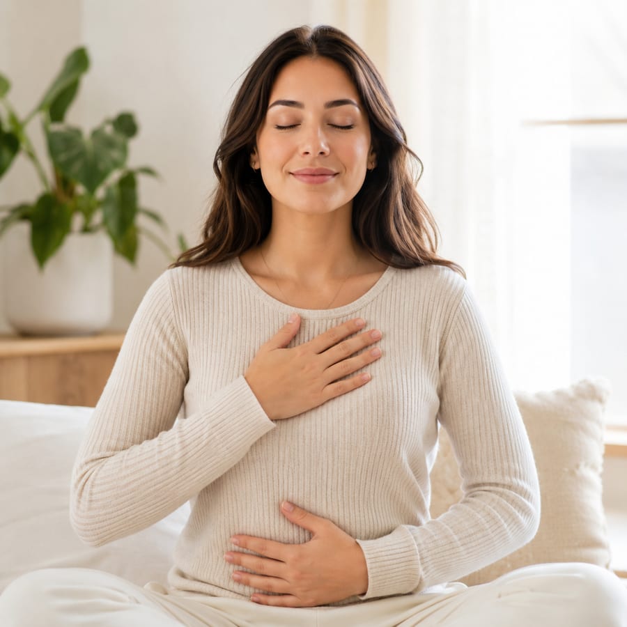 A woman practicing a slow breath with hands on her heart and belly